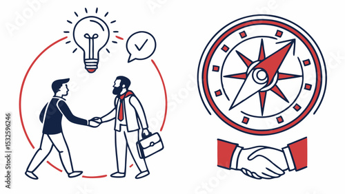 Businessmen shaking hands under lightbulb and checkmark with compass and handshake on the right side
