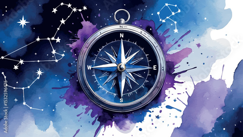 Watercolor Destiny Success - Compass with Constellation Stars Navigation Illustration