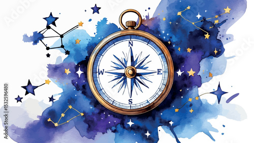Watercolor Destiny Success - Compass with Constellation Stars Navigation Illustration