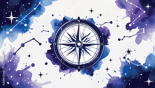 Watercolor Destiny Success - Compass with Constellation Stars Navigation Illustration