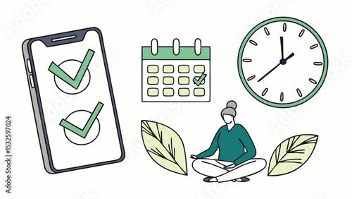 Illustration of a woman meditating with a phone, calendar, clock and leaves around her in green