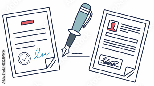 Illustration of two documents with signatures and a pen signing a line in the middle ground