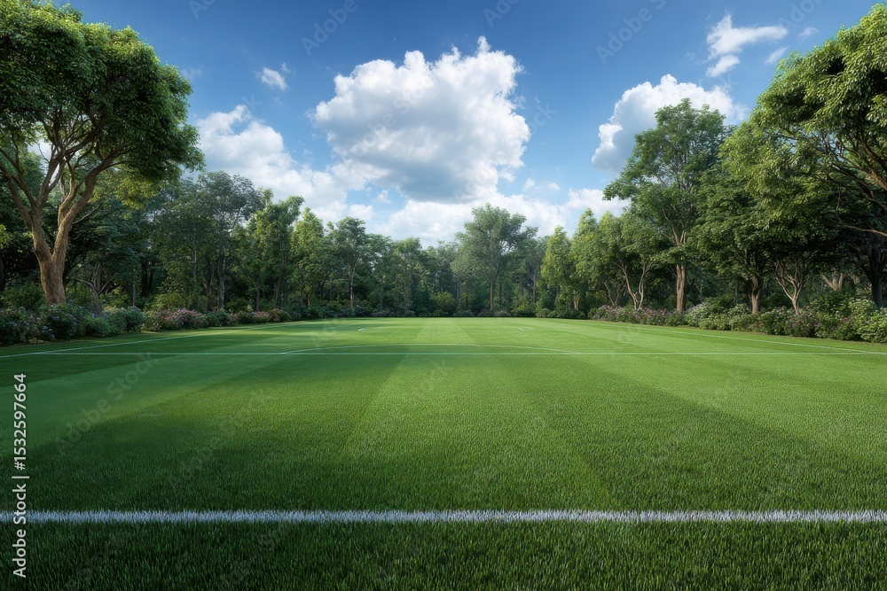 Fototapeta premium Lush green field surrounded by trees under a bright sky
