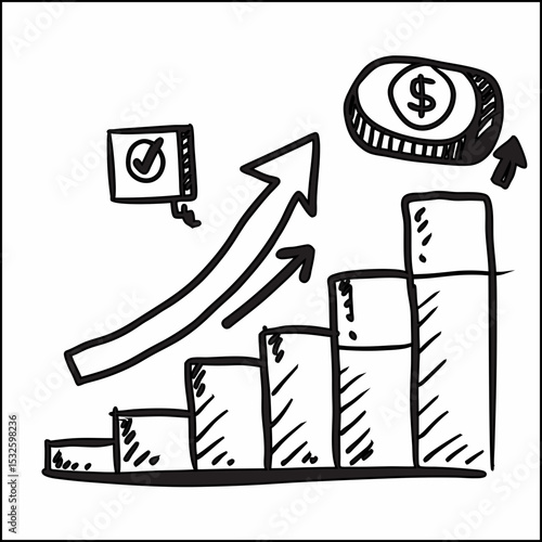Business chart doodle with arrow showing growth and success, ideal for startup pitches, finance blogs, and business presentations