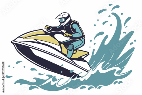 Jet ski rider speeding over ocean waves in dynamic vector water splash