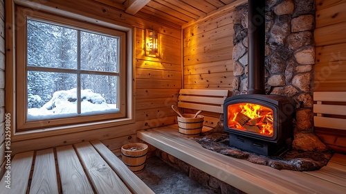 Cozy wooden sauna with winter view.