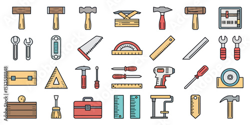 Carpentry Tools Line Icon Set for Construction and Woodworking


