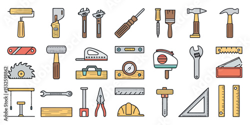 Carpentry Tools Line Icon Set for Construction and Woodworking

