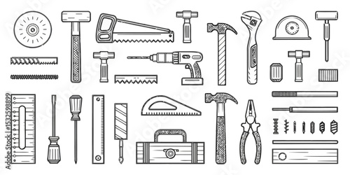 Carpentry Tools Line Icon Set for Construction and Woodworking

