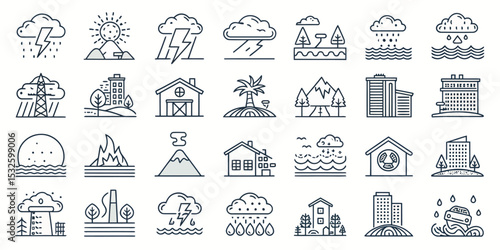 Monochrome editable stroke icon set of disasters on transparent background

