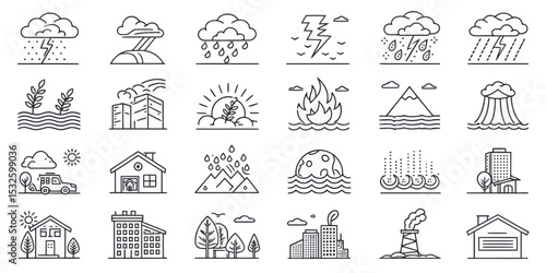 Monochrome Editable Stroke Icon Set of Disasters and Emergency Situations

