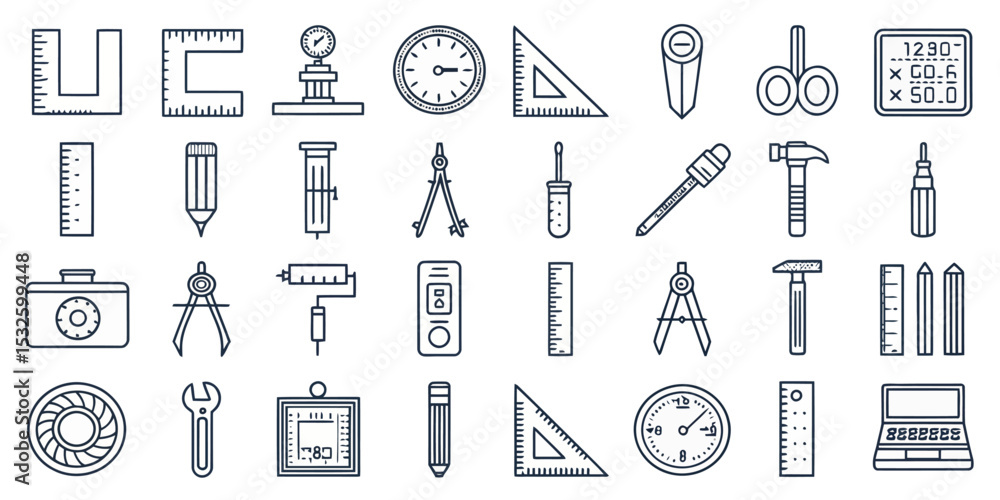 Naklejka premium Monochrome Line Icon Set of Mathematical and Drawing Tools