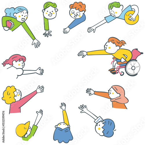 手を差し伸べ合うグローバルな大勢の小学生たち　セットのストックイラスト素材
