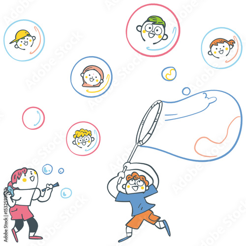大きなシャボン玉を飛ばす小学生とシャボンに移る友達　セットのストックイラスト素材


