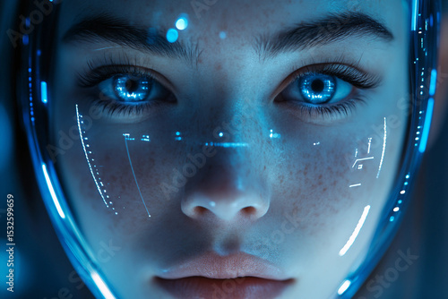Futuristic Female Cyborg Face Close Up with Digital Blue HUD Interface Science Fiction Concept Generative AI