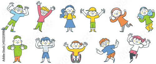万歳する小学生たち　セットのストックイラスト素材
