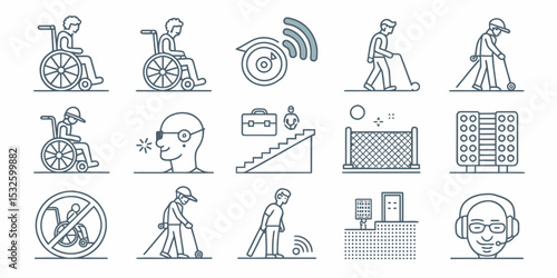 Monochrome Line Icon Set of Disabilities in Vector Format

