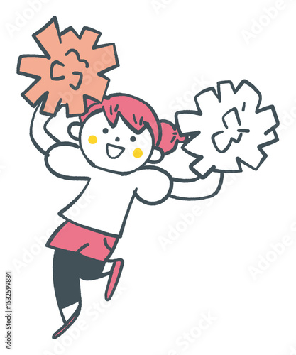 ポンポンを振って応援する小学生の女の子　ストックイラスト素材
