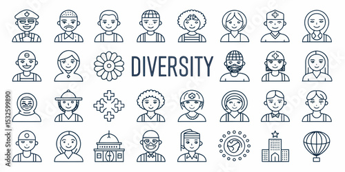 Monochrome Line Icon Set of Diversity in Vector Format

