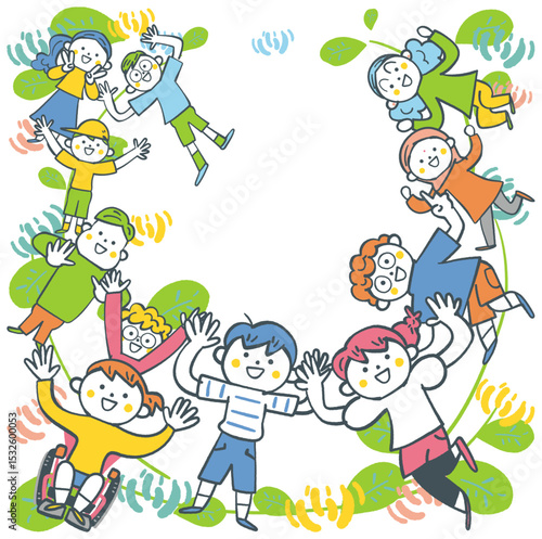円を描くように万歳をする小学生たちとシロツメクサ　ストックイラスト素材
