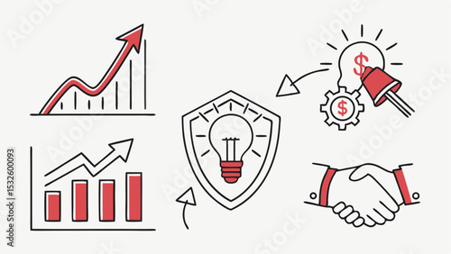 Illustration showing business growth charts, protected idea, and partnership agreement with handshake