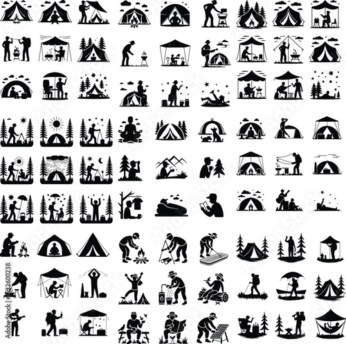 Camper with Tent Icon Silhouette Set – Outdoor Travel Vector Pack Minimal Camping Silhouettes – Man, Tent & Nature Icons

