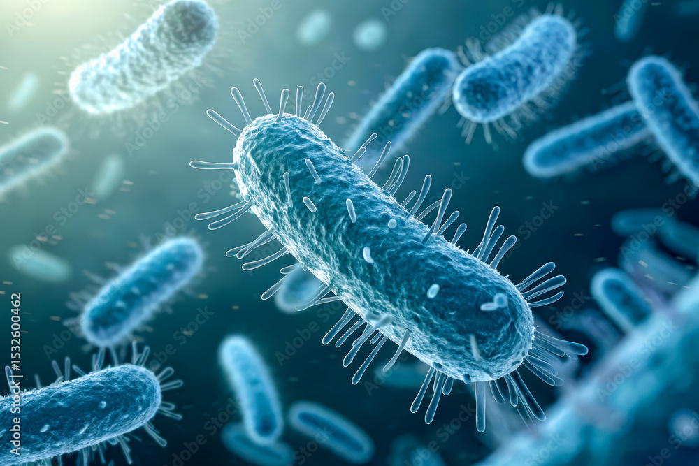 Magnified 3D illustration of rod-shaped bacteria with hair-like structures on their surface, floating in a biological environment. Magnified 3D illustration of rod-shaped bacteria with hair-like structures on their surface, floating in a biological environment.