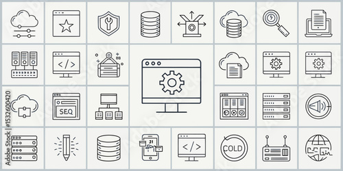Monochrome Line Icon Set of Web Development and Internet Technologies

