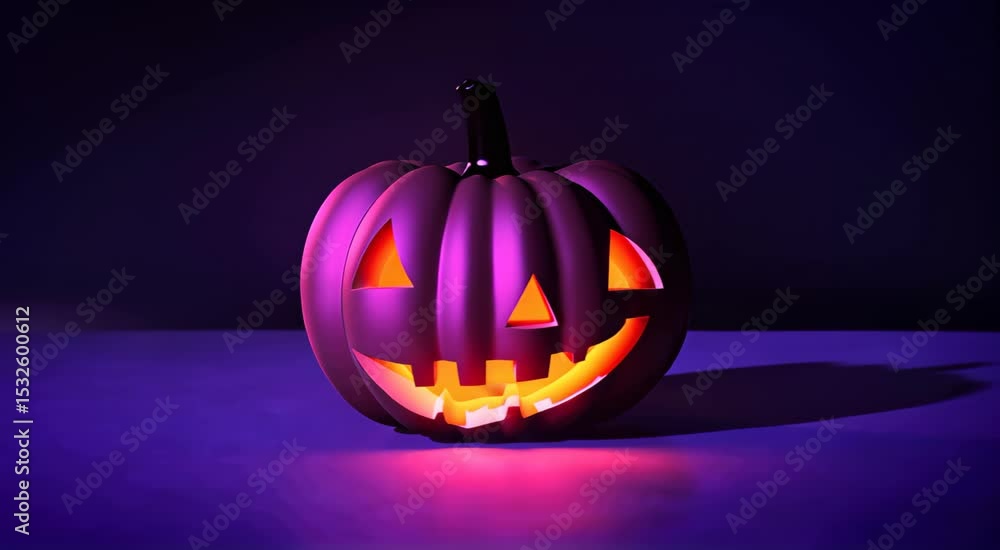 Halloween background. Glowing purple jack-o-lantern on dark dramatic background with neon light Halloween background. Glowing purple jack-o-lantern on dark dramatic background with neon light