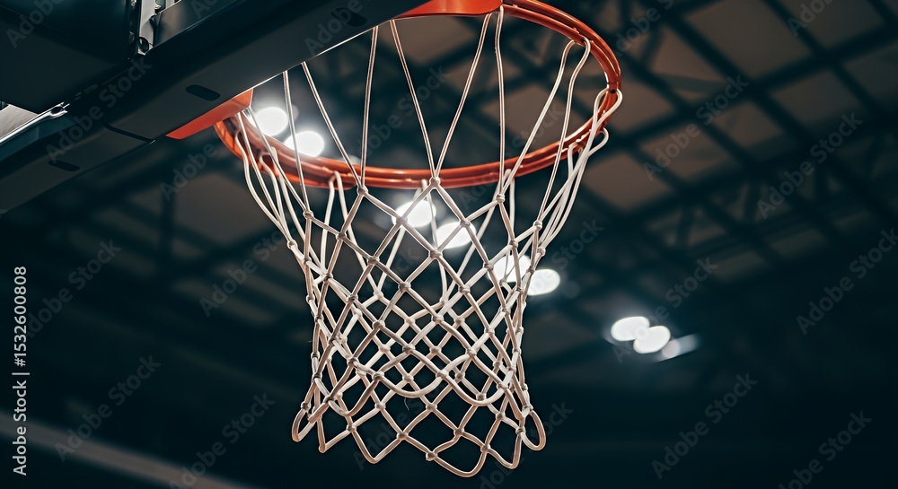 Close-up of Basketball Hoop and Net Inside Arena Under Bright Lights Close-up of Basketball Hoop and Net Inside Arena Under Bright Lights