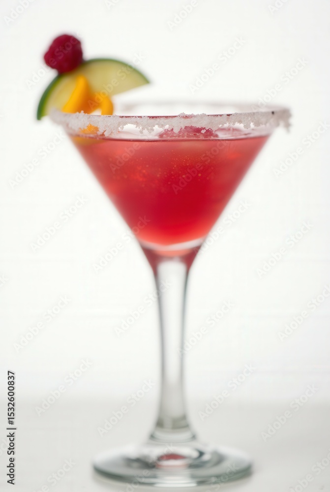 Raspberry Cocktail: A vibrant red cocktail with an intricate, artistic garnish of fruit like lime, mango, and raspberry in a triangular martini glass and the rim covered with sugar.