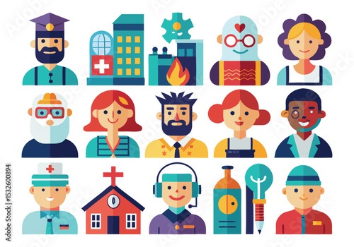 Diverse Professions and Occupations Flat Icon Set of People in Various Careers