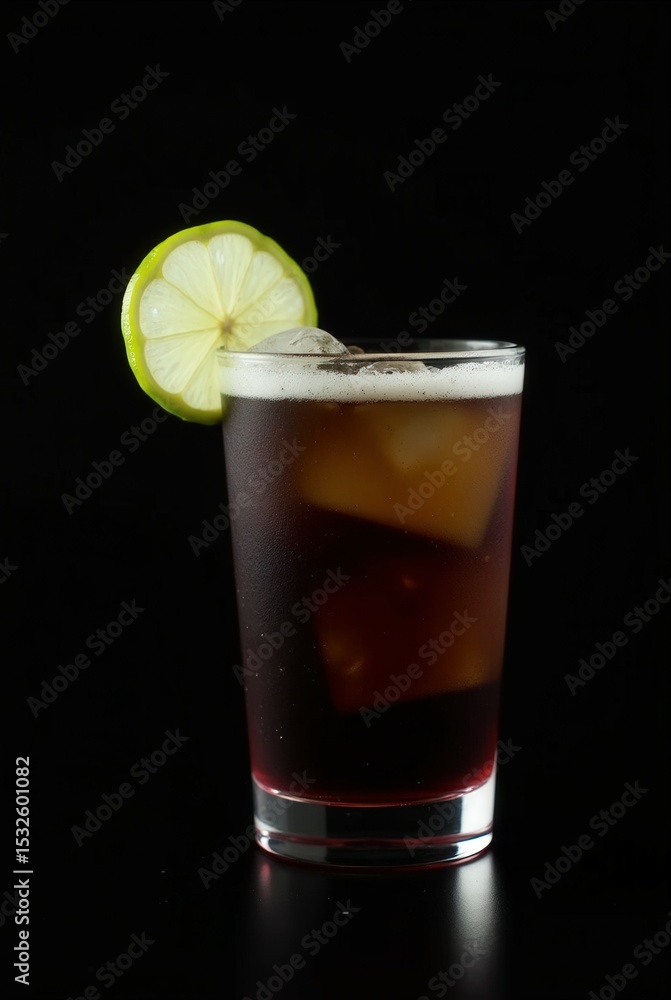 Refreshing Beverage: A close-up of a sophisticated dark-colored beverage, expertly crafted, garnished with a citrus slice, poised for a moment of tranquil refreshment. Refreshing Beverage: A close-up of a sophisticated dark-colored beverage, expertly crafted, garnished with a citrus slice, poised for a moment of tranquil refreshment.
