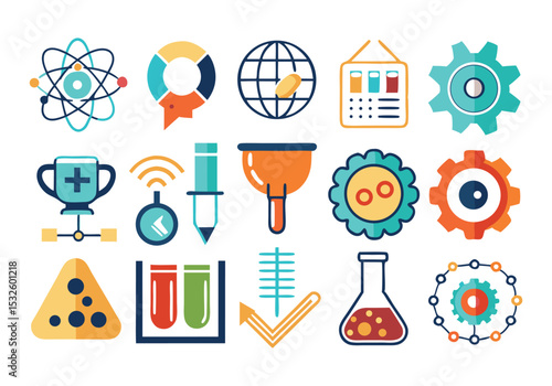 Colorful Science and Technology Icons Flat Design Vector Illustrations