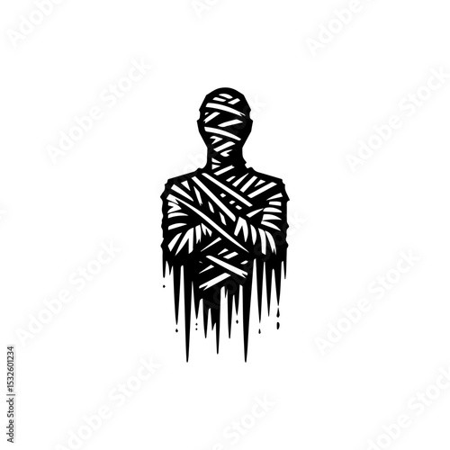 Silhouette of a mummified figure, wrapped in bandages, with flowing lines.