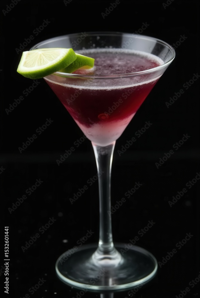 Cosmopolitan Cocktail: A photorealistic close-up of a Cosmopolitan cocktail. The vibrant drink, served in an elegant glass, features a vivid cranberry hue. Adorned with lime slices. Cosmopolitan Cocktail: A photorealistic close-up of a Cosmopolitan cocktail. The vibrant drink, served in an elegant glass, features a vivid cranberry hue. Adorned with lime slices.