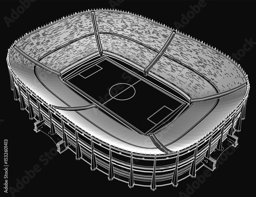 A stadium with a soccer field in the center. The stadium is empty and the field is black