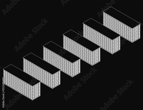 A row of buildings with a black background. The buildings are all the same height and are lined up next to each other