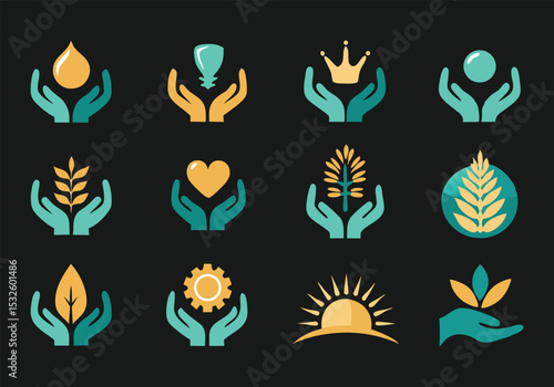 Collection of Minimalist Hand Holding Icons Nature, Sustainability, and Growth Symbols