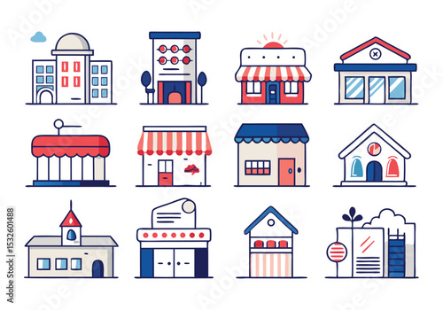 Collection of Colorful Line Art Building Icons Perfect for Web Design and Branding
