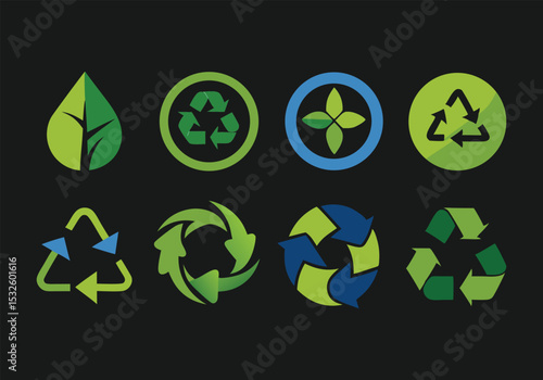 Eco-Friendly Recycling Symbols Green Leaf and Arrow Icons for Sustainability