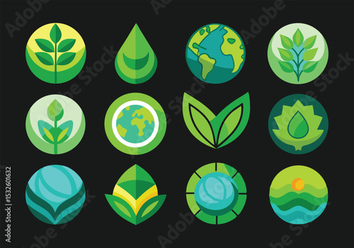 Eco-Friendly Green Leaf and Planet Earth Logos A Collection of 12 Unique Vector Icons for Sustainability