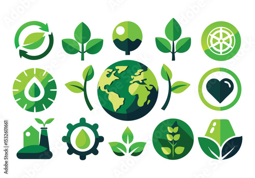 Eco-Friendly Green Icons Sustainability, Nature, and Environmental Protection Graphics