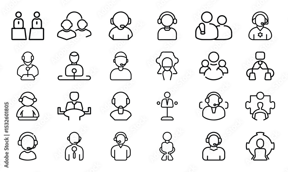 Customer service support agent and team communication icons collection representing help desk assistants and business collaborations Customer service support agent and team communication icons collection representing help desk assistants and business collaborations