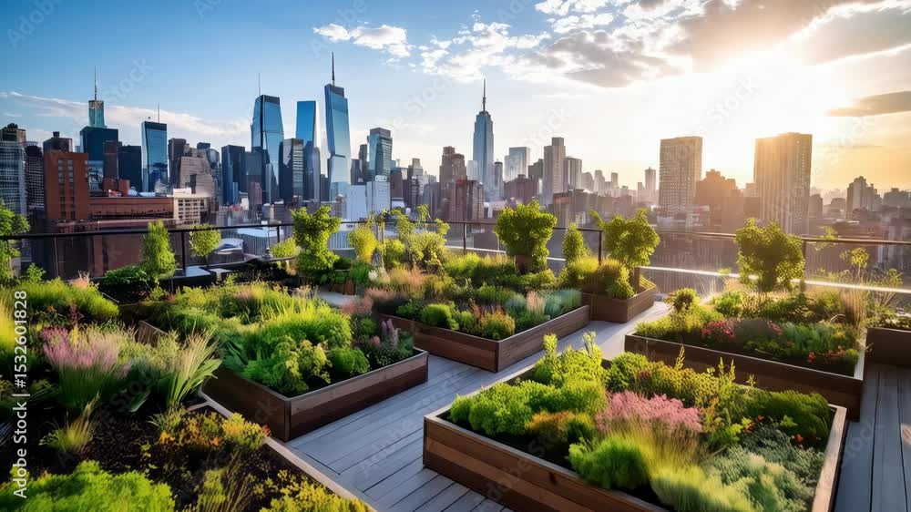 Rooftop garden with planter boxes and lush green plants, elevated above city skyline at sunset under blue sky and clouds Rooftop garden with planter boxes and lush green plants, elevated above city skyline at sunset under blue sky and clouds