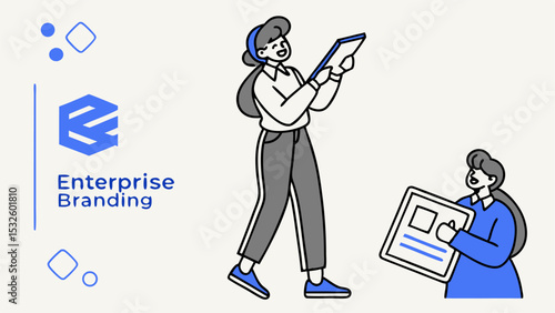 Illustration of two women discussing a project with enterprise branding logo and geometric shapes around it