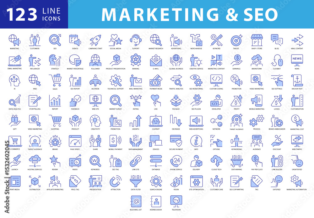 Collection of 120 Outline Style Blue Colored Vector Icons for Marketing ...