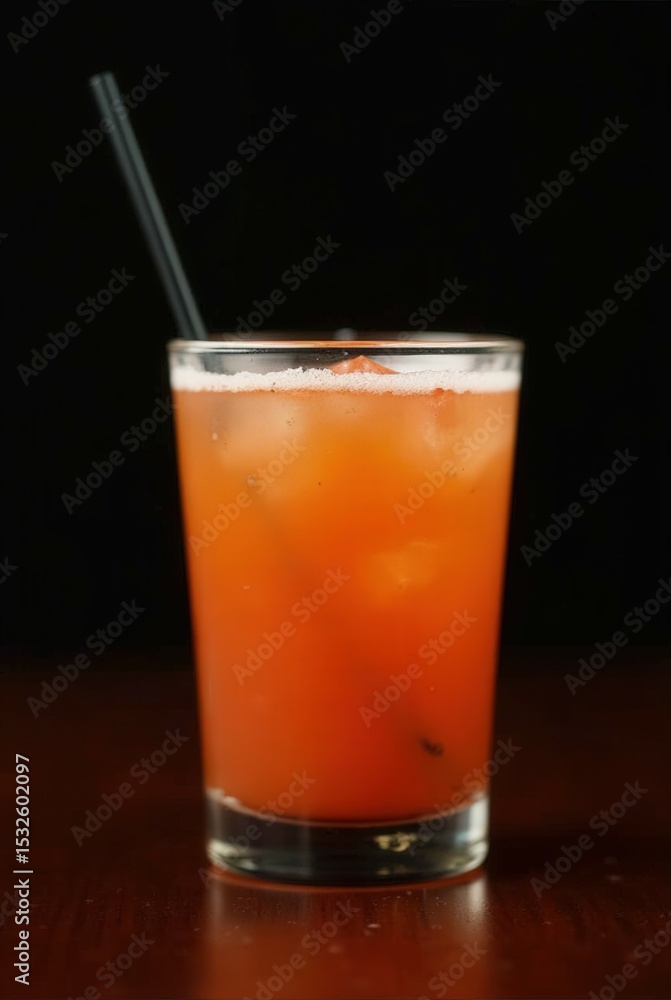 Vibrant Orange Cocktail: An eye-level view of a tantalizing glass filled with a brilliantly colored cocktail, perfectly chilled with ice, garnished with a sleek black straw. Vibrant Orange Cocktail: An eye-level view of a tantalizing glass filled with a brilliantly colored cocktail, perfectly chilled with ice, garnished with a sleek black straw.
