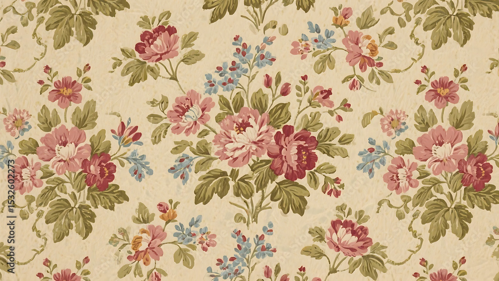 custom made wallpaper toronto digitalVintage Floral Pattern Cream Pink Red Green Flowers Wallpaper Textile
