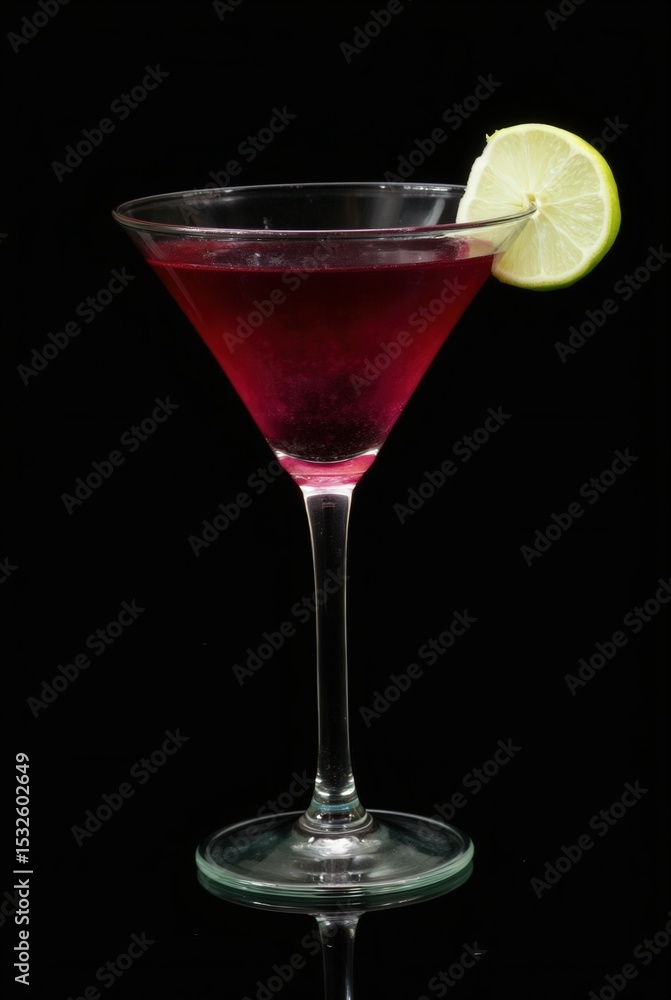 Cosmopolitan Cocktail: A vibrant Cosmopolitan cocktail, garnished with a lime wedge, sits elegantly in a martini glass against a dramatic black background. Cosmopolitan Cocktail: A vibrant Cosmopolitan cocktail, garnished with a lime wedge, sits elegantly in a martini glass against a dramatic black background.